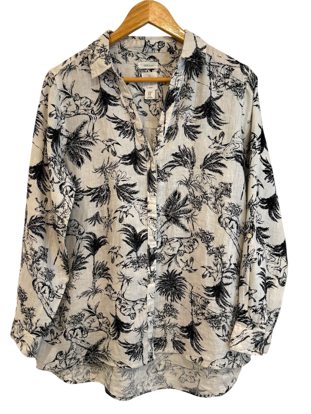 Joie Cream and Black Tropical Chinoiserie Linen Long Sleeve Button Down Shirt